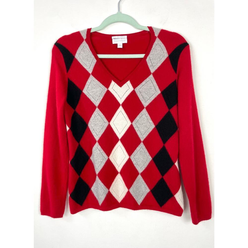 Charter Club 100% 2-Ply Cashmere Argyle Print Red Sweater Large Preppy Retro Y2K